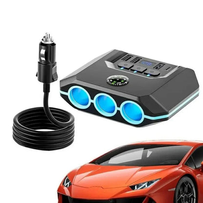 3 USB + 1 Type-C Car Charger 3 Cigarette Lighter Sockets Charging Adapter