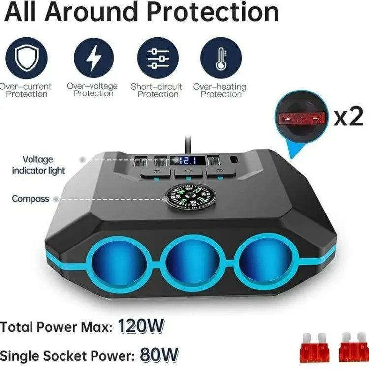 3 USB + 1 Type-C Car Charger 3 Cigarette Lighter Sockets Charging Adapter