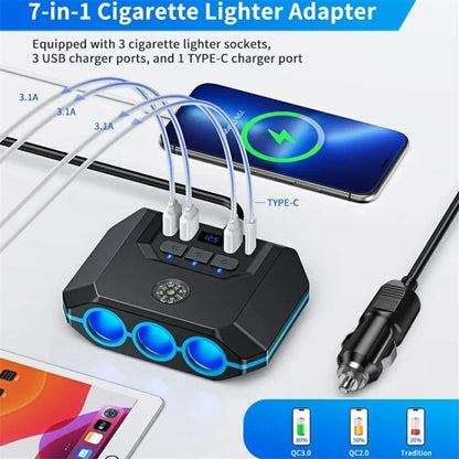 3 USB + 1 Type-C Car Charger 3 Cigarette Lighter Sockets Charging Adapter