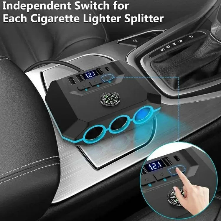3 USB + 1 Type-C Car Charger 3 Cigarette Lighter Sockets Charging Adapter