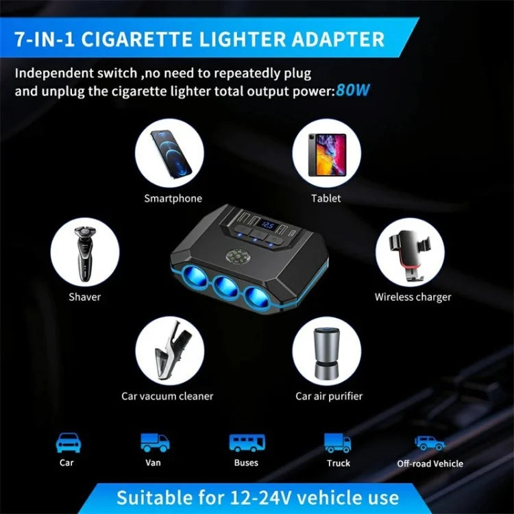 3 USB + 1 Type-C Car Charger 3 Cigarette Lighter Sockets Charging Adapter