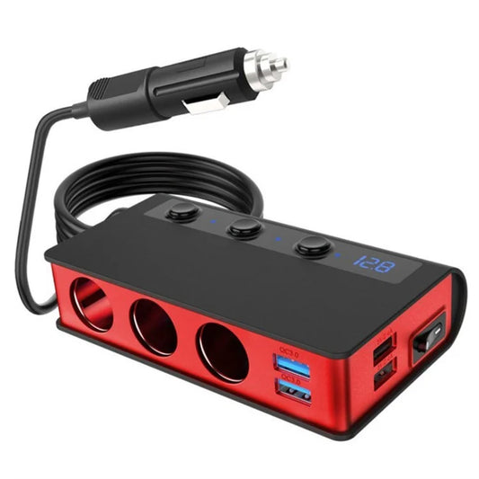 180W Car Charger 3 Cigarette Lighter Sockets 4 USB Ports QC3.0 Phone Fast Charging Adapter  /  Red