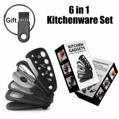 6-in-1 Roller Pizza Cutter Can Opener Garlic Masher Peeler Kitchen Gadget Set (BPA Free, No FDA)