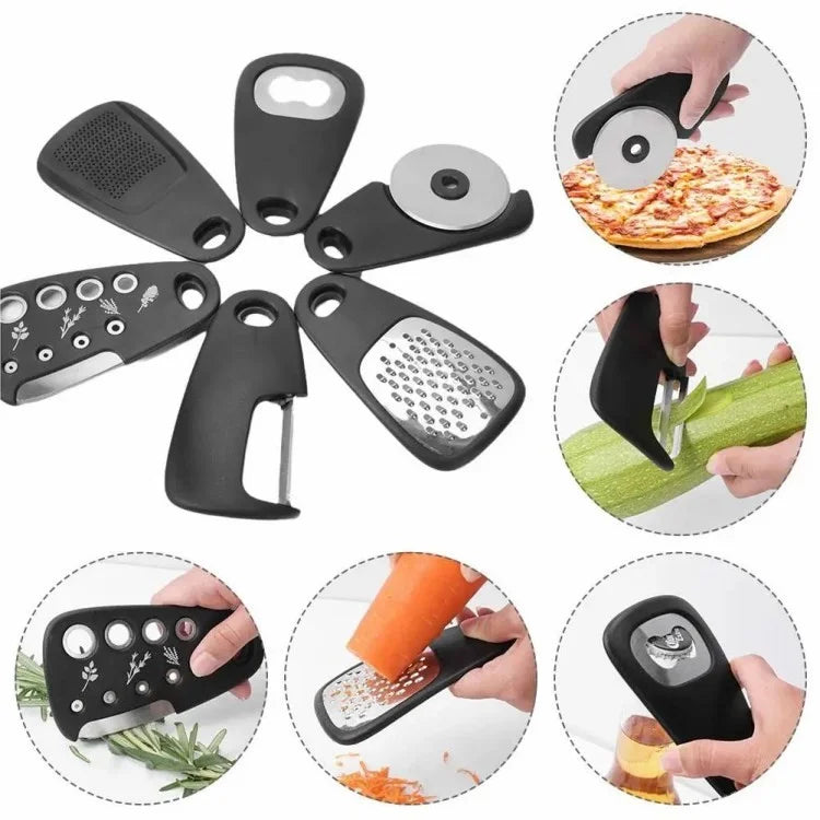 6-in-1 Roller Pizza Cutter Can Opener Garlic Masher Peeler Kitchen Gadget Set (BPA Free, No FDA)