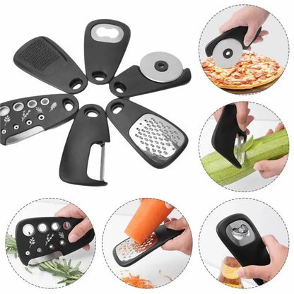 6-in-1 Roller Pizza Cutter Can Opener Garlic Masher Peeler Kitchen Gadget Set (BPA Free, No FDA)