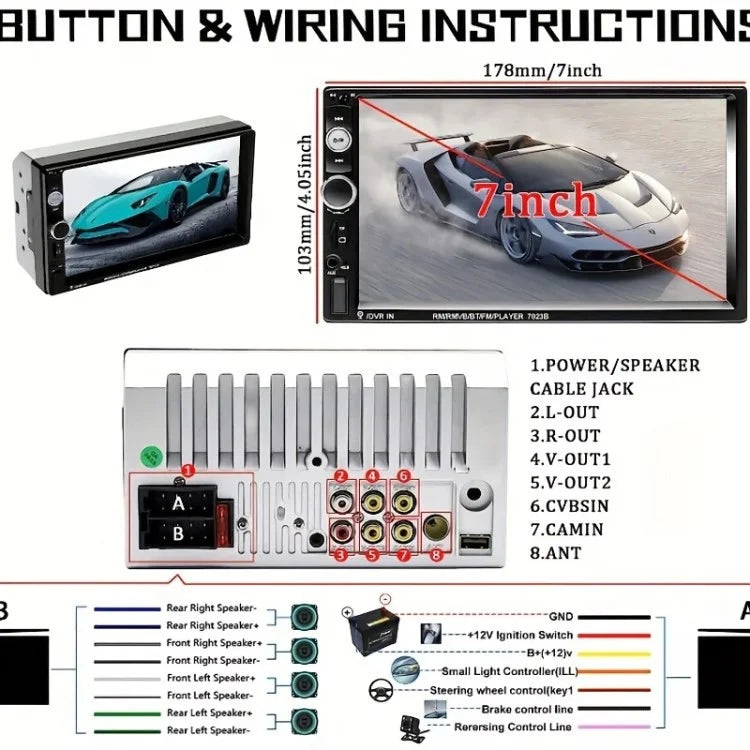 7023B 2 Din 7 Inch Touch Screen Car Player FM Radio Bluetooth Stereo Auto MP5 Player