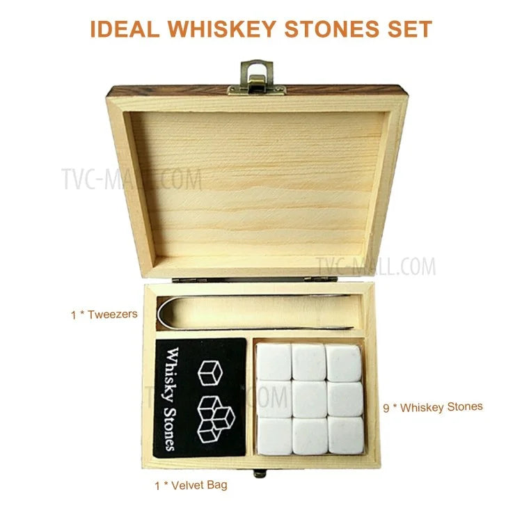 9PCS Whiskey Stones Set Chilling Stones Wooden Box Chilling Rocks Reusable Ice Cubes