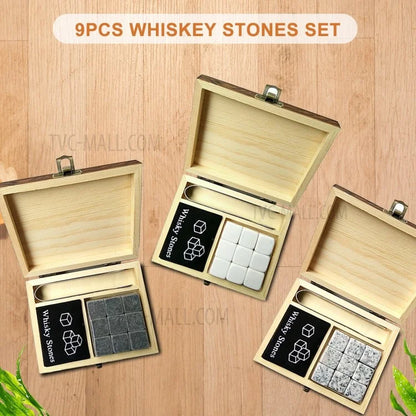 9PCS Whiskey Stones Set Chilling Stones Wooden Box Chilling Rocks Reusable Ice Cubes