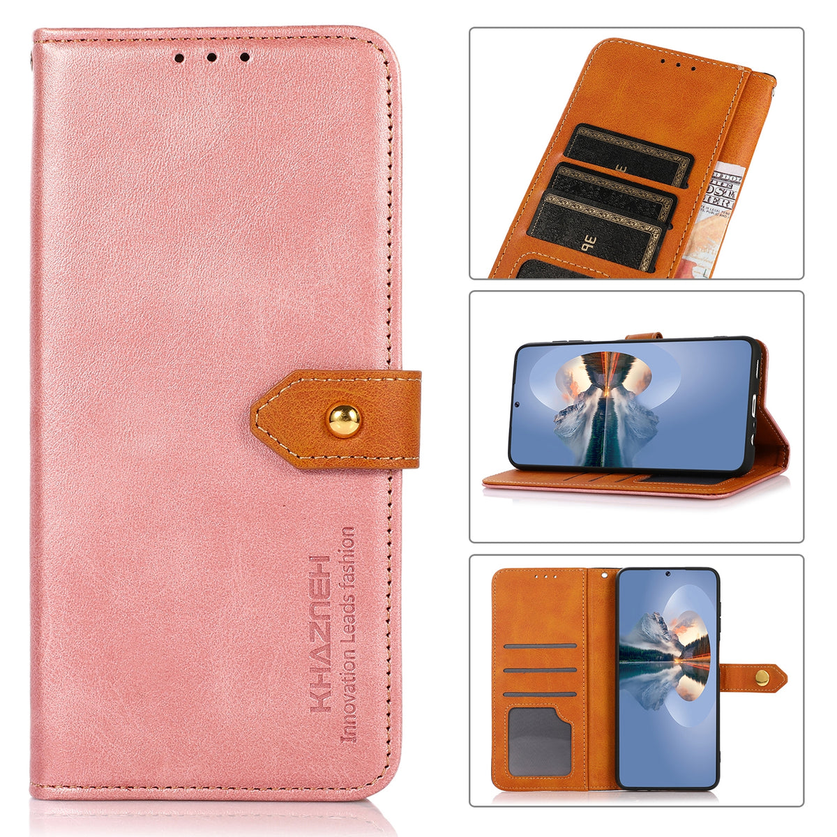 ELECTROPRIME KHAZNEH Dual-color Cowhide Texture Flip Leather Phone Case For iPhone 15(Rose Gold)