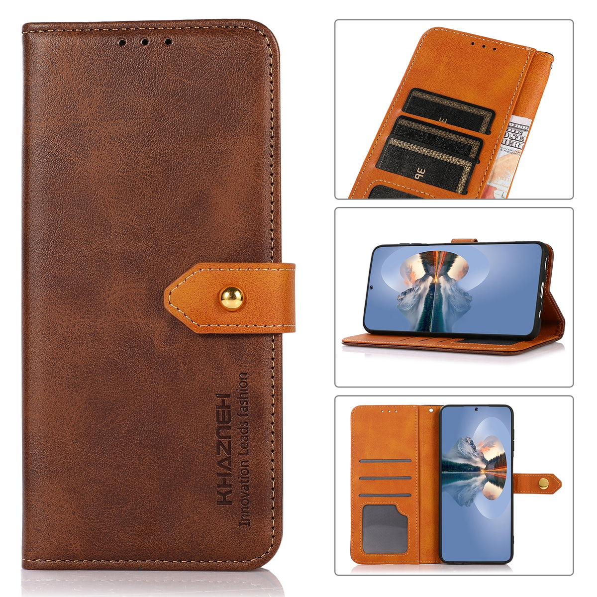ELECTROPRIME KHAZNEH Dual-color Cowhide Texture Flip Leather Phone Case For iPhone 15(Brown)