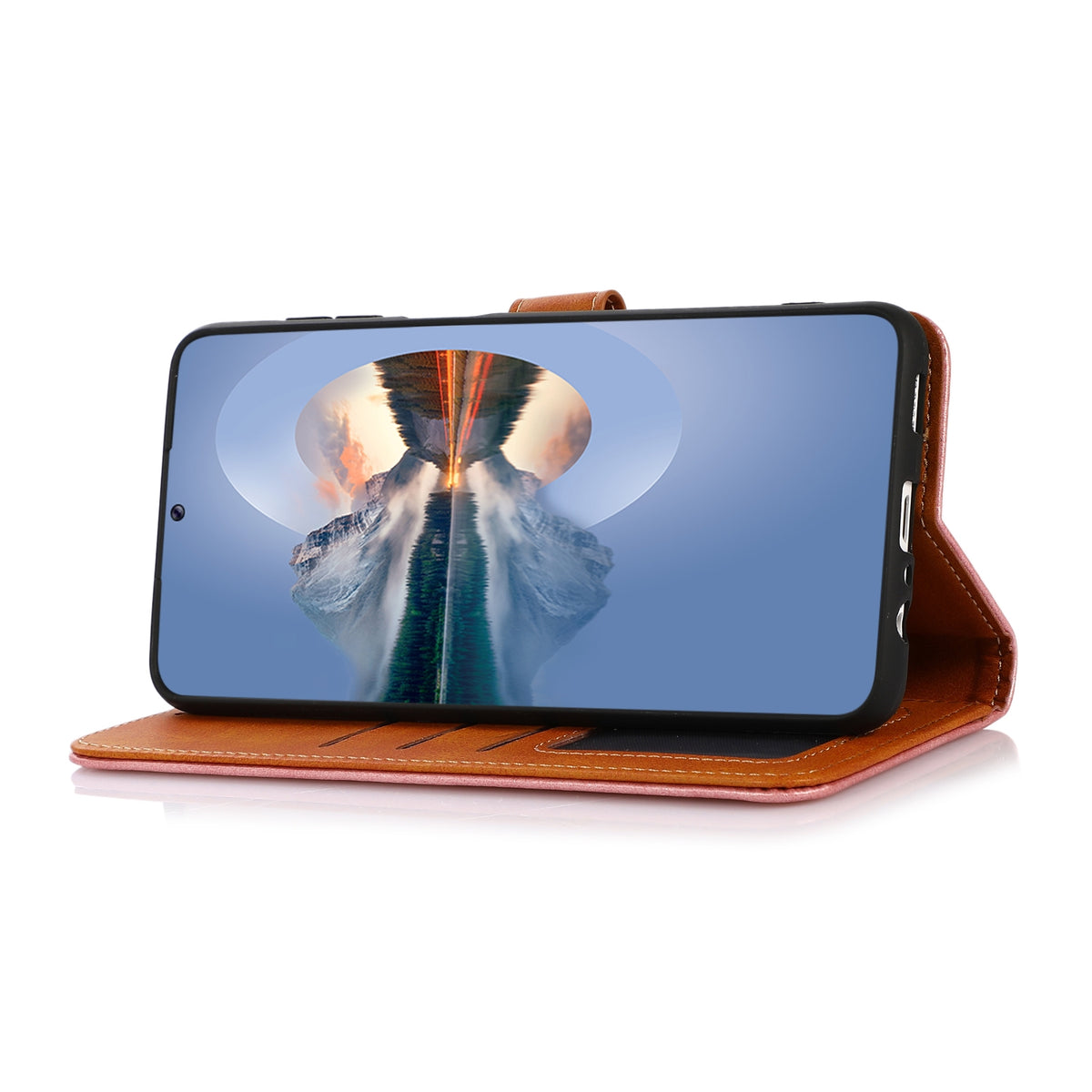ELECTROPRIME KHAZNEH Dual-color Cowhide Texture Flip Leather Phone Case For iPhone 15(Brown)