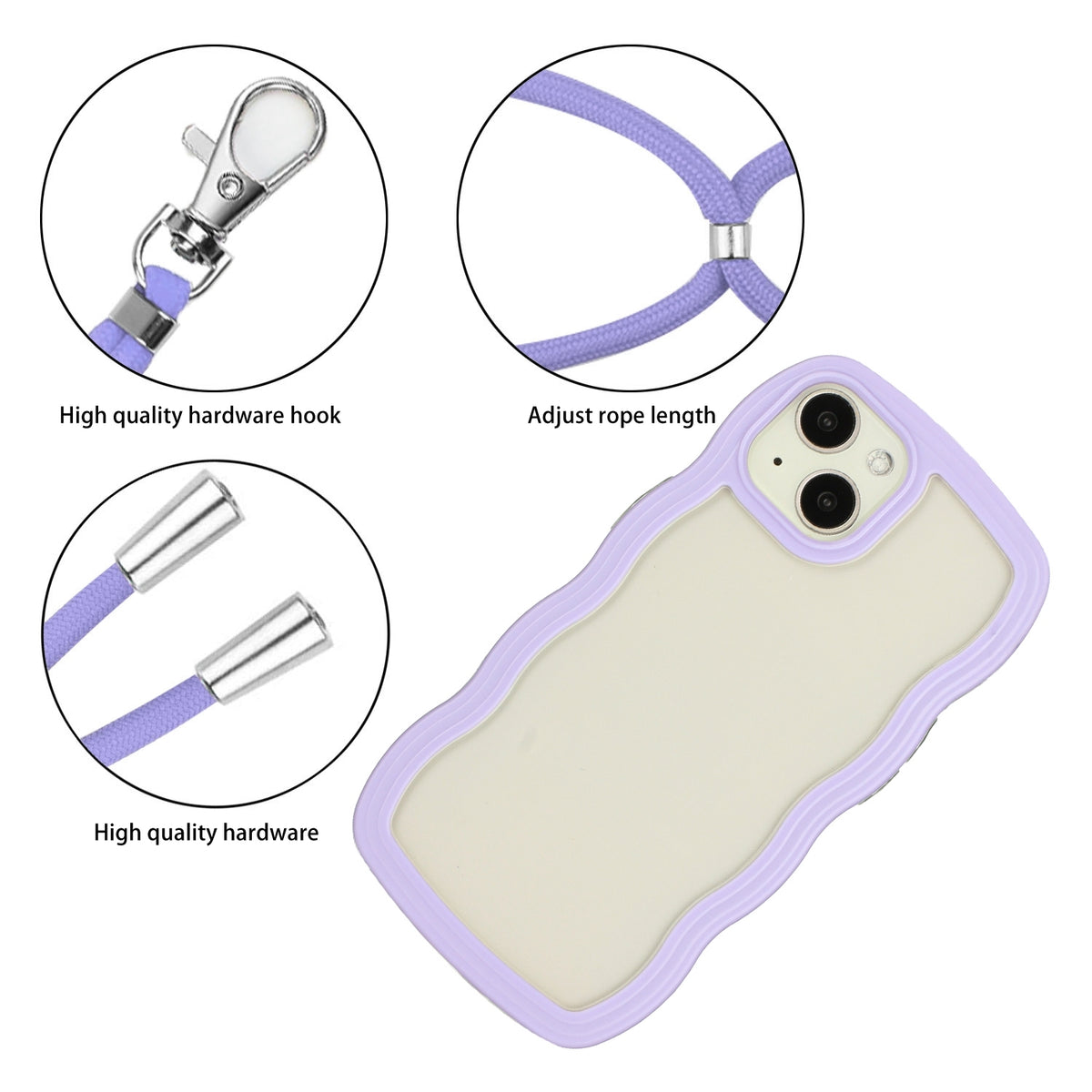 ELECTROPRIME For iPhone 15 Lanyard Candy Color Wave TPU Clear PC Phone Case(Purple)