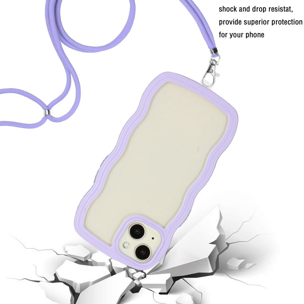 ELECTROPRIME For iPhone 15 Lanyard Candy Color Wave TPU Clear PC Phone Case(Purple)
