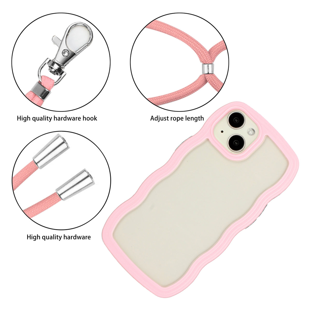 ELECTROPRIME For iPhone 15 Lanyard Candy Color Wave TPU Clear PC Phone Case(Pink)
