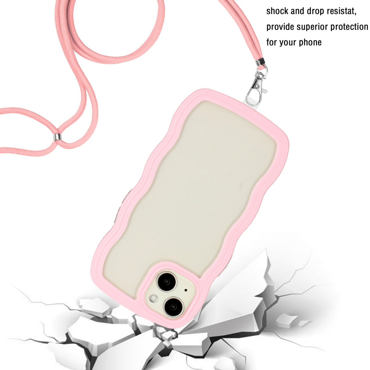 ELECTROPRIME For iPhone 15 Lanyard Candy Color Wave TPU Clear PC Phone Case(Pink)