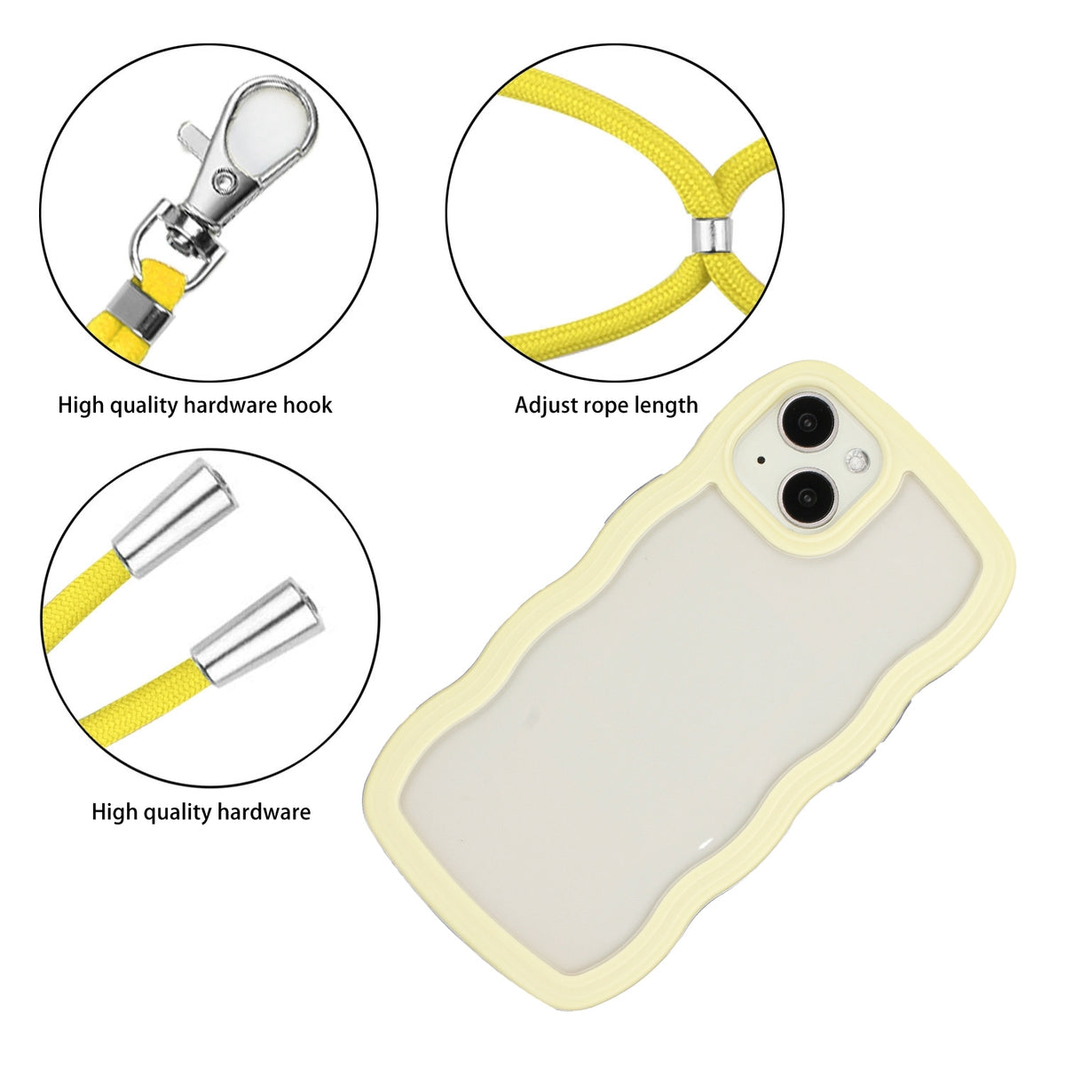 ELECTROPRIME For iPhone 15 Lanyard Candy Color Wave TPU Clear PC Phone Case(Yellow)