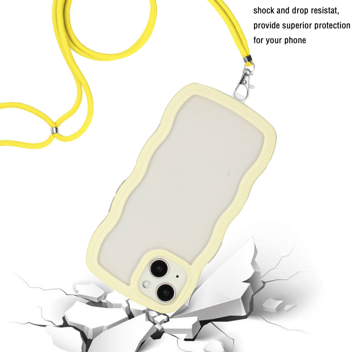 ELECTROPRIME For iPhone 15 Lanyard Candy Color Wave TPU Clear PC Phone Case(Yellow)