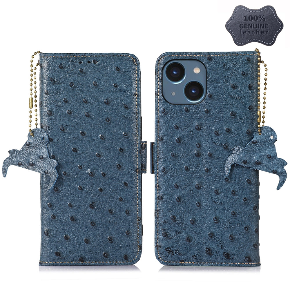 ELECTROPRIME For iPhone 15 Ostrich Pattern Genuine Leather RFID Phone Case(Blue)
