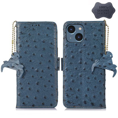 ELECTROPRIME For iPhone 15 Ostrich Pattern Genuine Leather RFID Phone Case(Blue)
