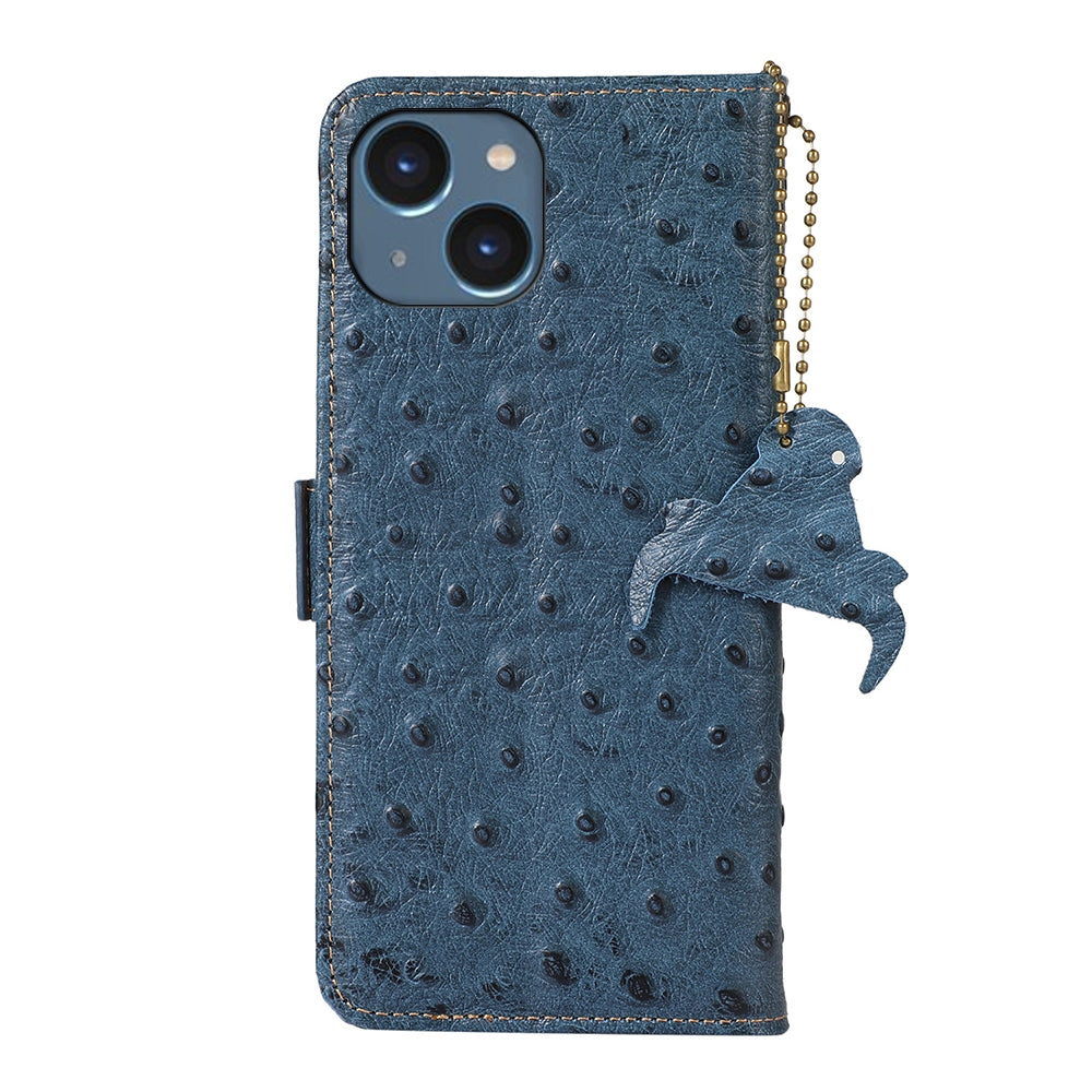 ELECTROPRIME For iPhone 15 Ostrich Pattern Genuine Leather RFID Phone Case(Blue)
