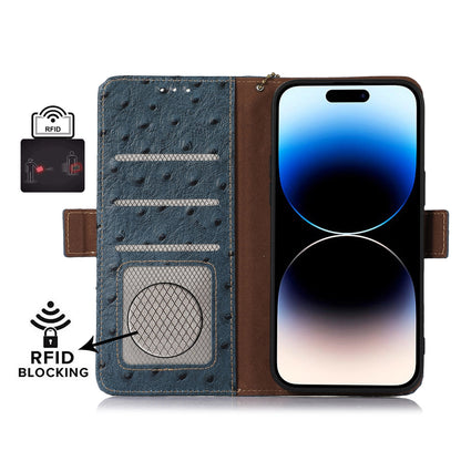 ELECTROPRIME For iPhone 15 Ostrich Pattern Genuine Leather RFID Phone Case(Blue)