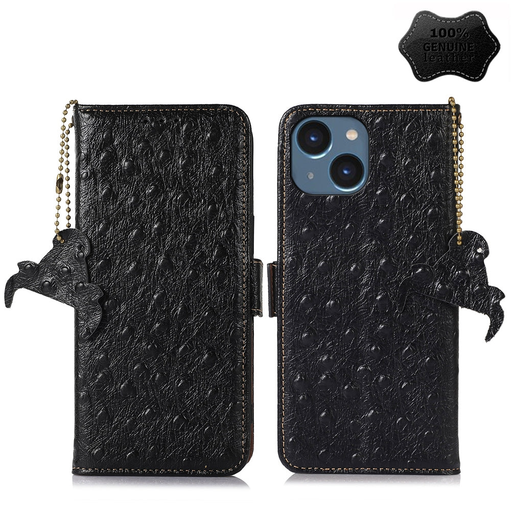 ELECTROPRIME For iPhone 15 Ostrich Pattern Genuine Leather RFID Phone Case(Black)