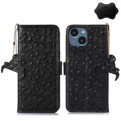 ELECTROPRIME For iPhone 15 Ostrich Pattern Genuine Leather RFID Phone Case(Black)