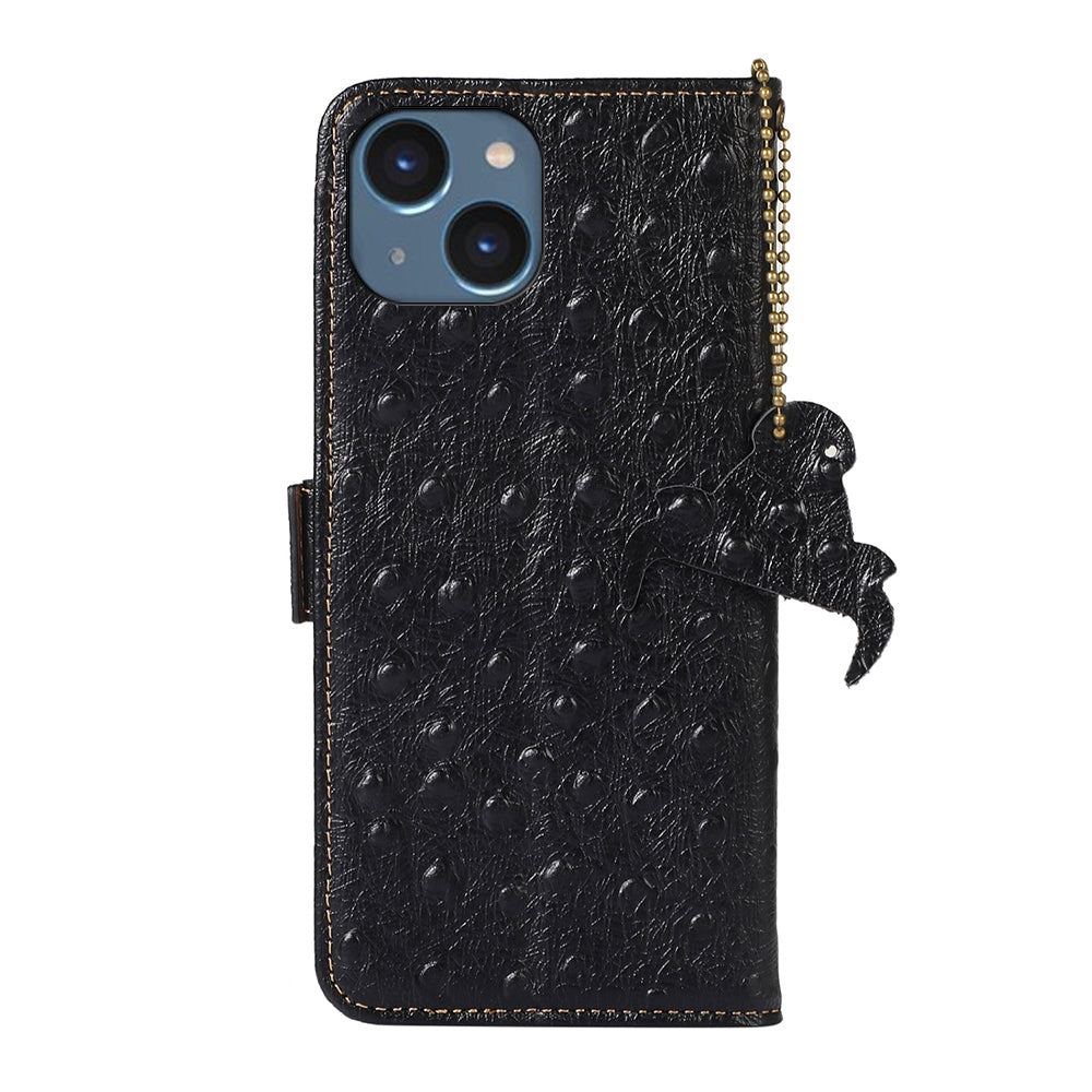 ELECTROPRIME For iPhone 15 Ostrich Pattern Genuine Leather RFID Phone Case(Black)