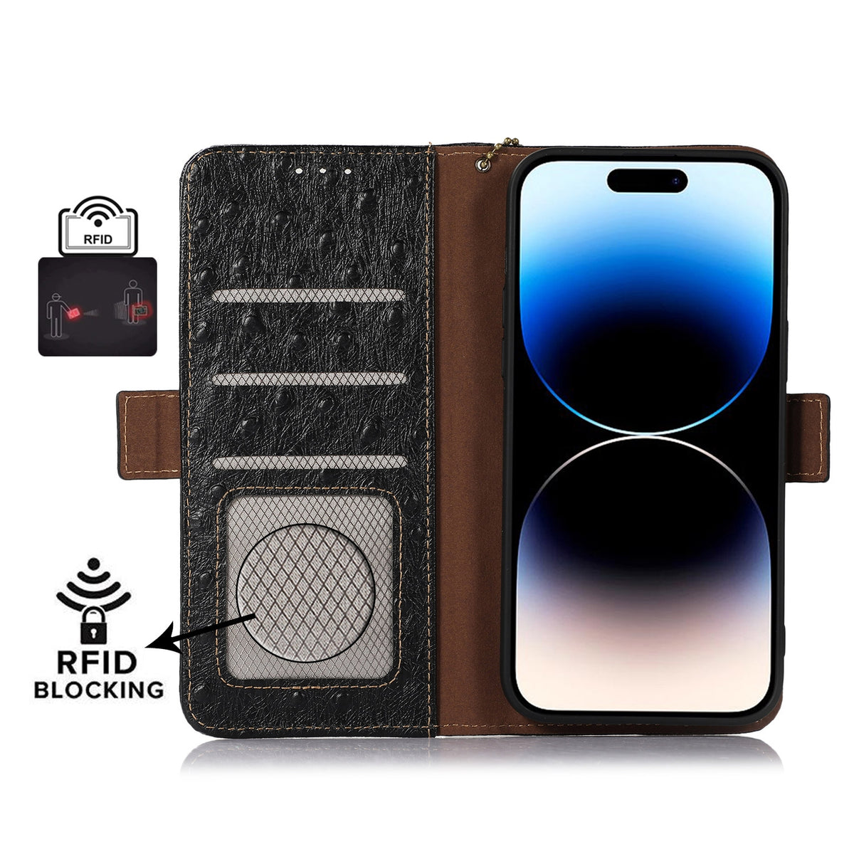 ELECTROPRIME For iPhone 15 Ostrich Pattern Genuine Leather RFID Phone Case(Black)