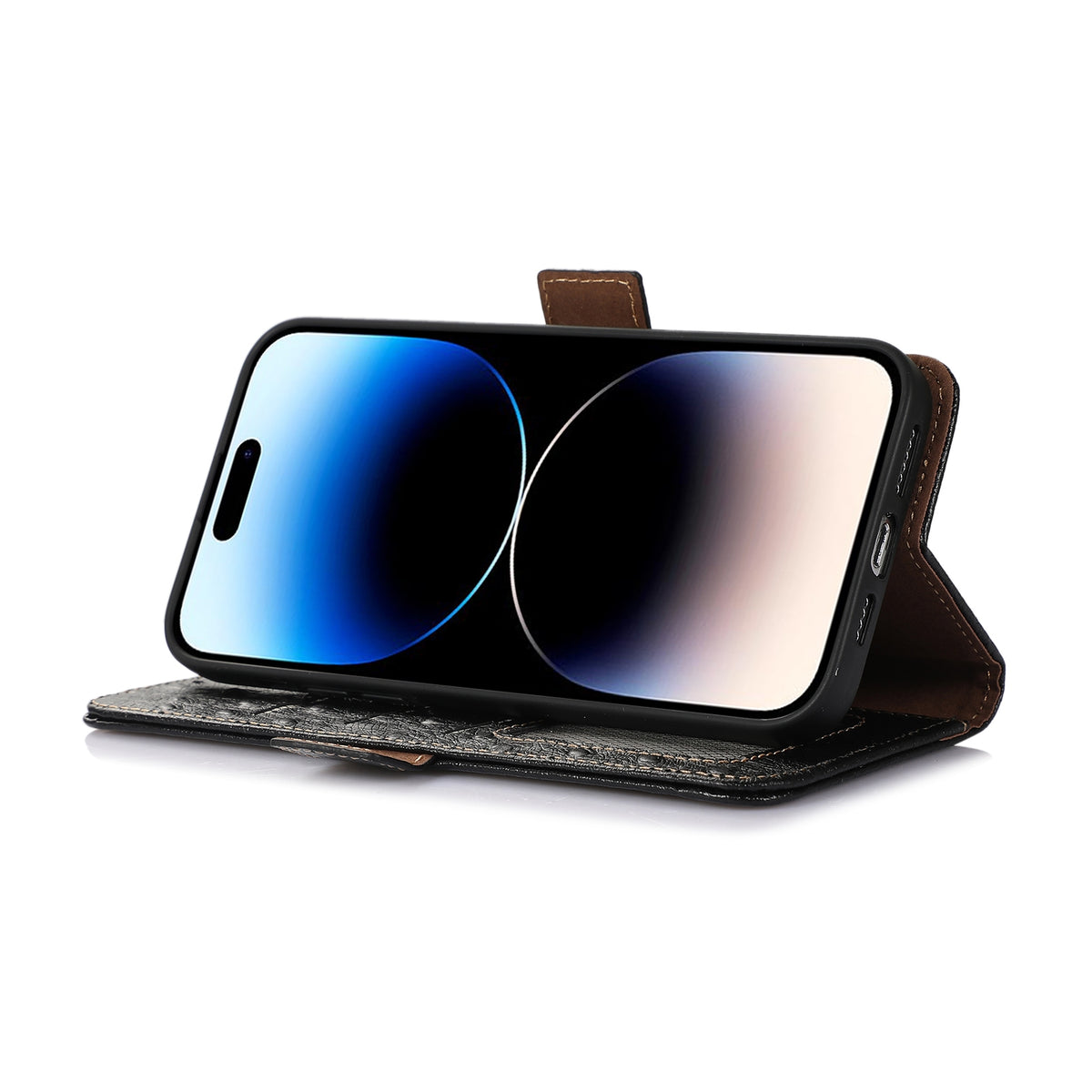 ELECTROPRIME For iPhone 15 Ostrich Pattern Genuine Leather RFID Phone Case(Black)