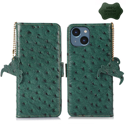 ELECTROPRIME For iPhone 15 Ostrich Pattern Genuine Leather RFID Phone Case(Green)