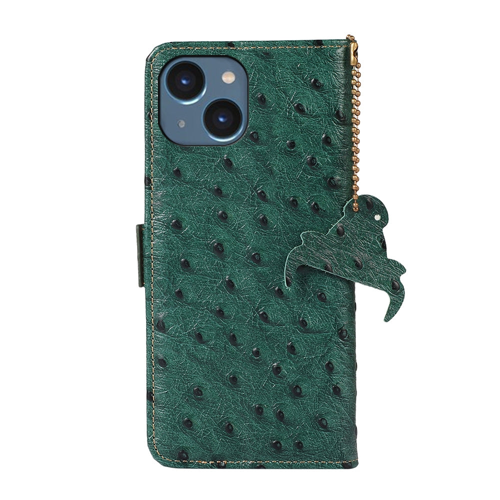 ELECTROPRIME For iPhone 15 Ostrich Pattern Genuine Leather RFID Phone Case(Green)