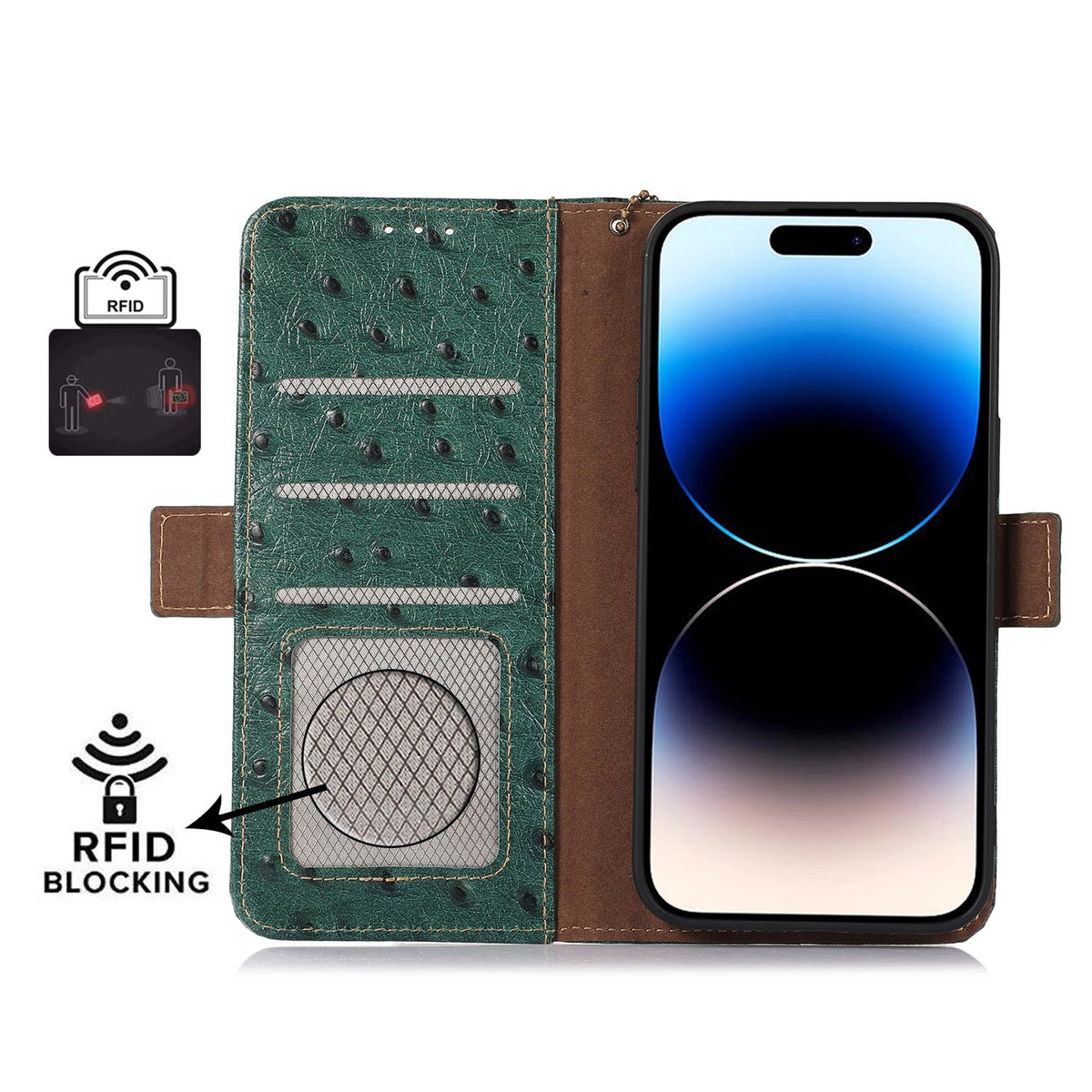 ELECTROPRIME For iPhone 15 Ostrich Pattern Genuine Leather RFID Phone Case(Green)