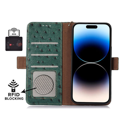 ELECTROPRIME For iPhone 15 Ostrich Pattern Genuine Leather RFID Phone Case(Green)