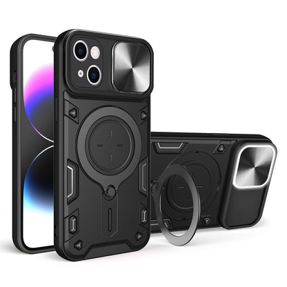 ELECTROPRIME For iPhone 15 Plus CD Texture Sliding Camshield Magnetic Holder Phone Case(Black)