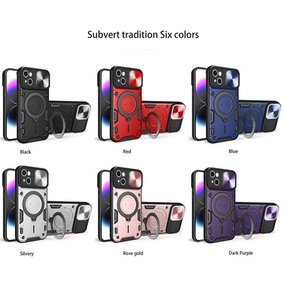 ELECTROPRIME For iPhone 15 Plus CD Texture Sliding Camshield Magnetic Holder Phone Case(Black)