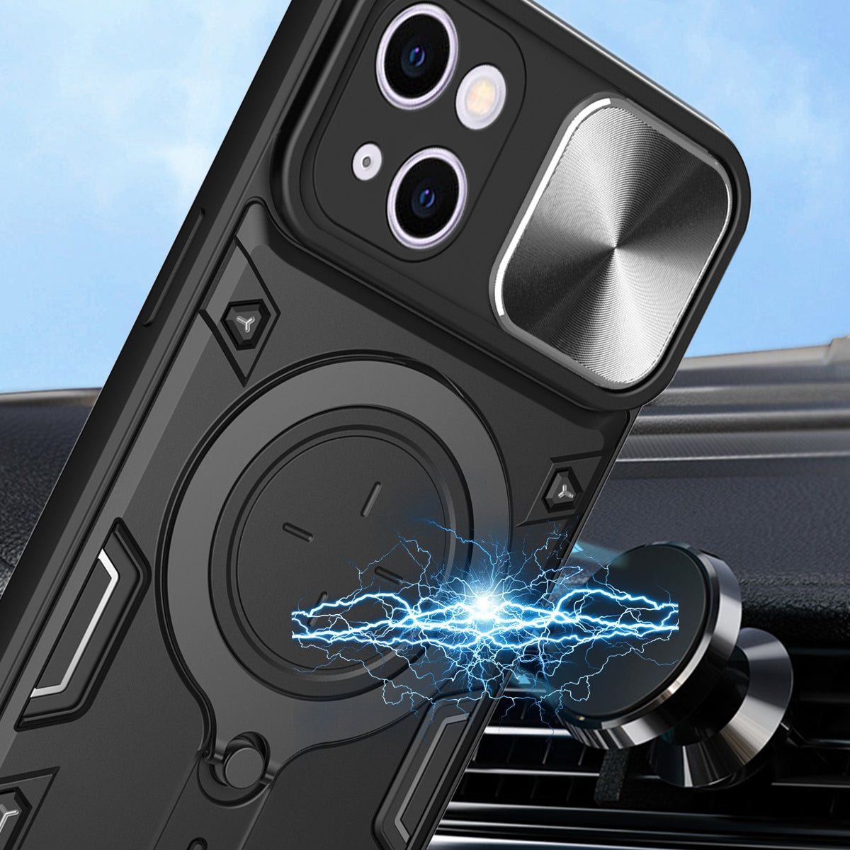 ELECTROPRIME For iPhone 15 Plus CD Texture Sliding Camshield Magnetic Holder Phone Case(Black)