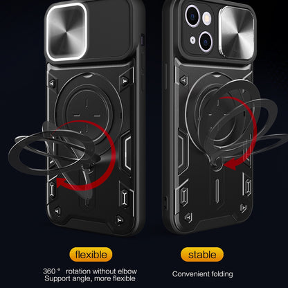 ELECTROPRIME For iPhone 15 Plus CD Texture Sliding Camshield Magnetic Holder Phone Case(Black)