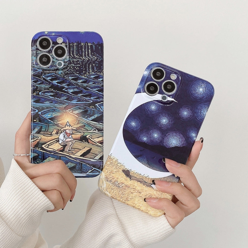 ELECTROPRIME For iPhone 15 Plus Oil Painting Pattern Glossy PC Phone Case(Lonely Boatman)
