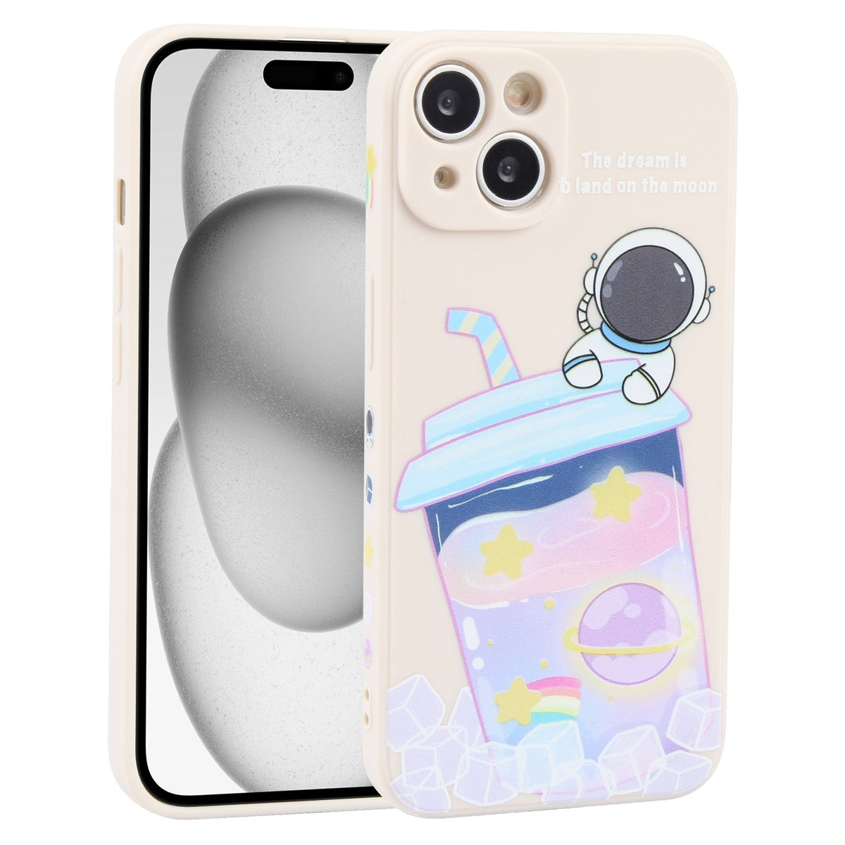 ELECTROPRIME For iPhone 15 Plus Milk Tea Astronaut Pattern Liquid Silicone Phone Case(Ivory White)