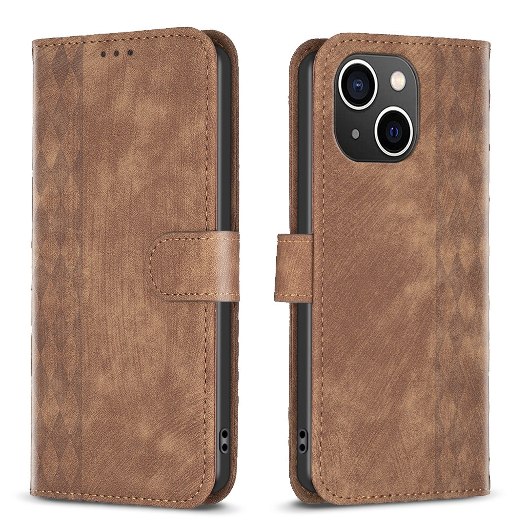 ELECTROPRIME For iPhone 15 Plaid Embossed Leather Phone Case(Brown)