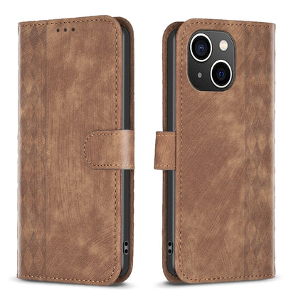 ELECTROPRIME For iPhone 15 Plaid Embossed Leather Phone Case(Brown)
