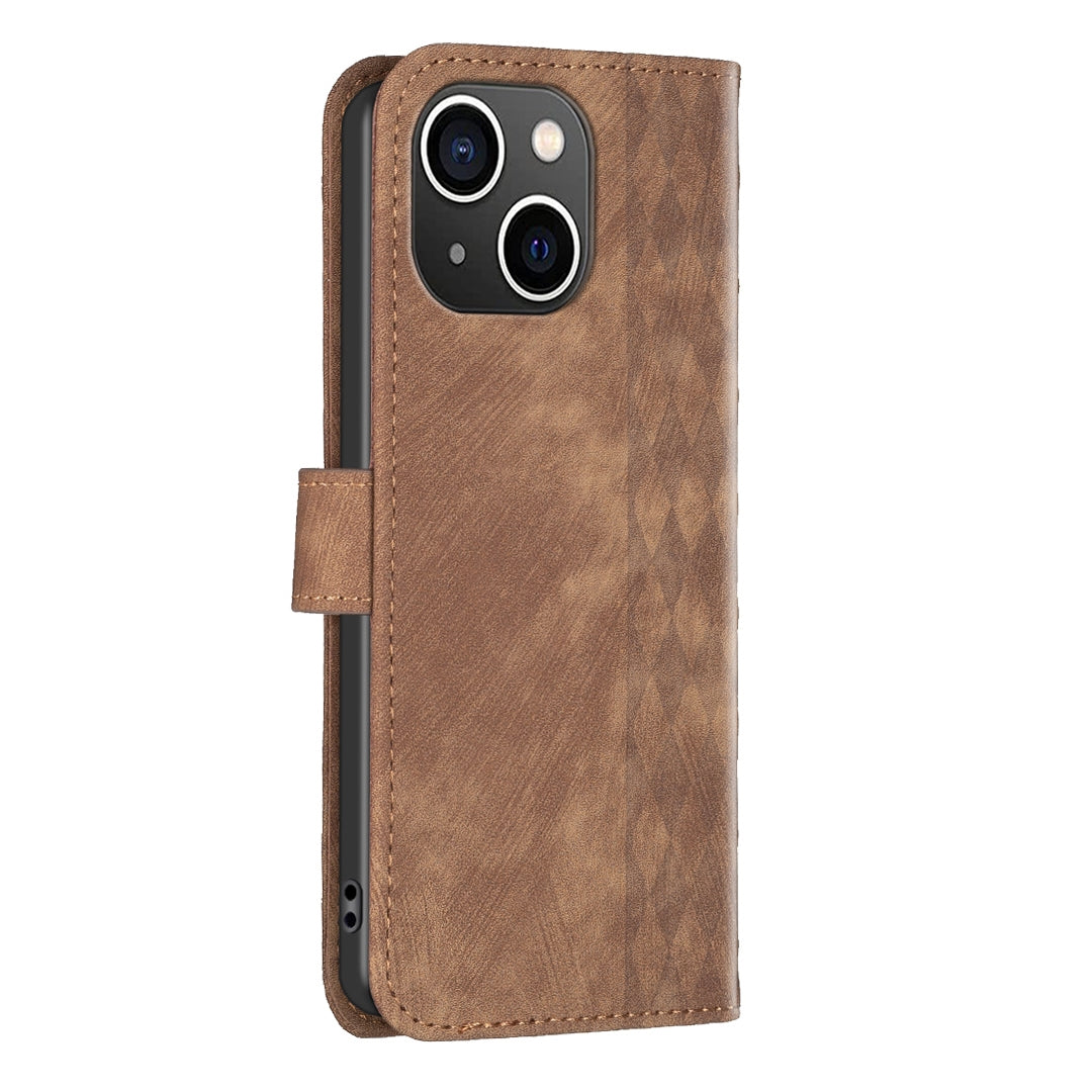 ELECTROPRIME For iPhone 15 Plaid Embossed Leather Phone Case(Brown)
