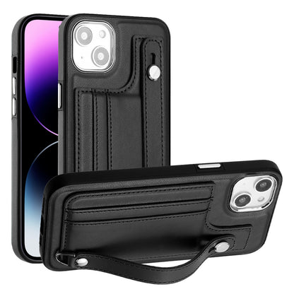 ELECTROPRIME For iPhone 15 Plus Shockproof Leather Phone Case with Wrist Strap(Black)