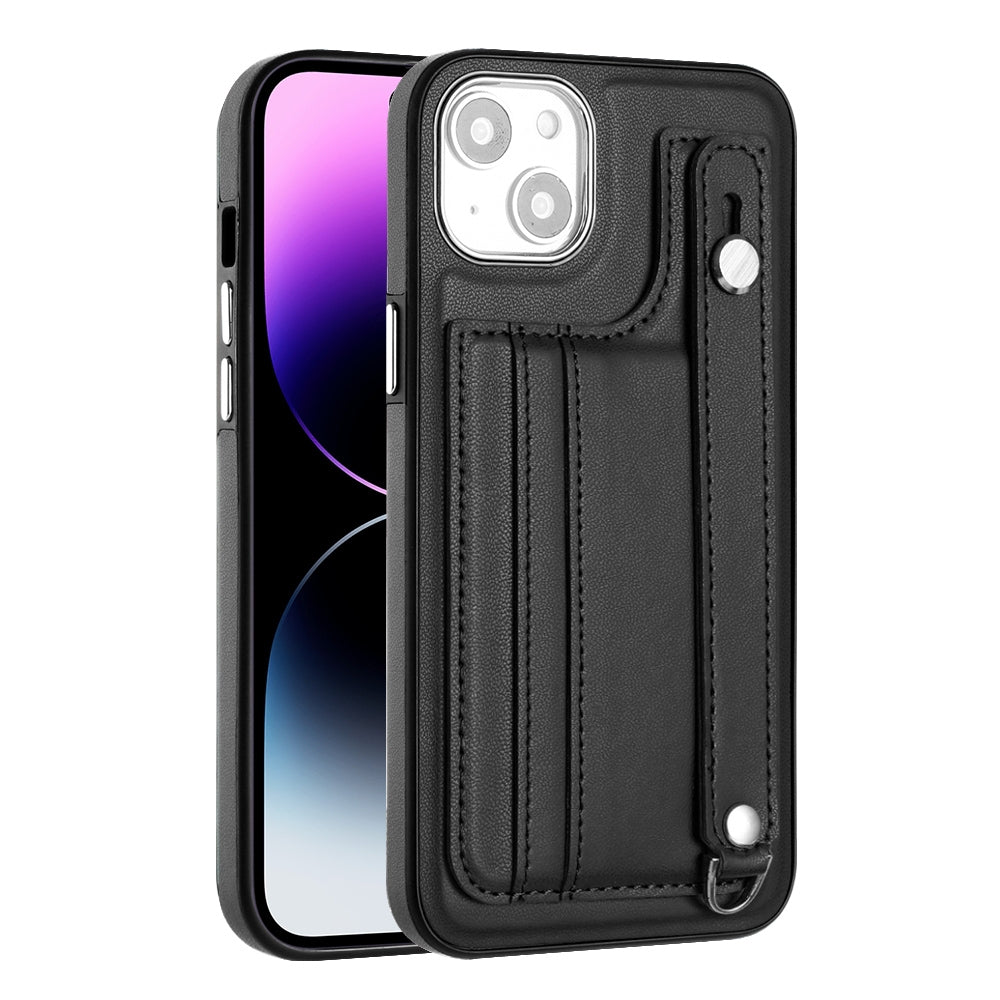 ELECTROPRIME For iPhone 15 Plus Shockproof Leather Phone Case with Wrist Strap(Black)