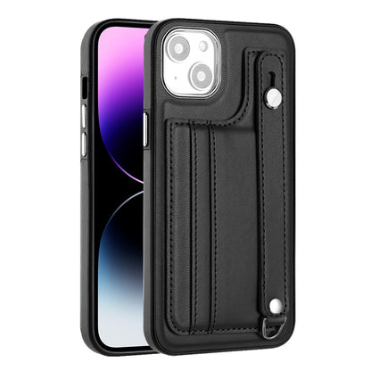 ELECTROPRIME For iPhone 15 Plus Shockproof Leather Phone Case with Wrist Strap(Black)