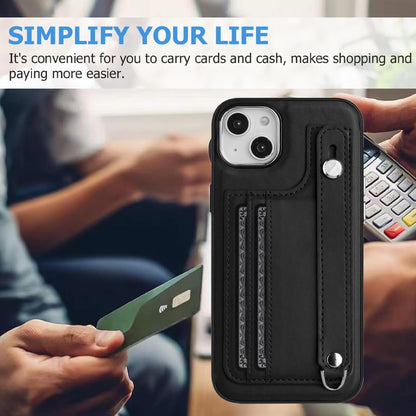 ELECTROPRIME For iPhone 15 Plus Shockproof Leather Phone Case with Wrist Strap(Black)
