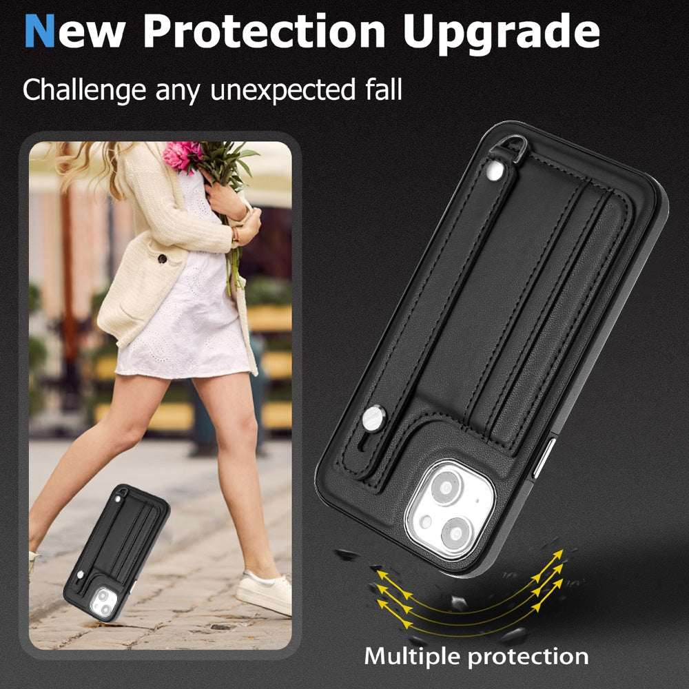 ELECTROPRIME For iPhone 15 Plus Shockproof Leather Phone Case with Wrist Strap(Black)
