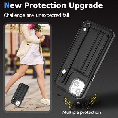 ELECTROPRIME For iPhone 15 Plus Shockproof Leather Phone Case with Wrist Strap(Black)