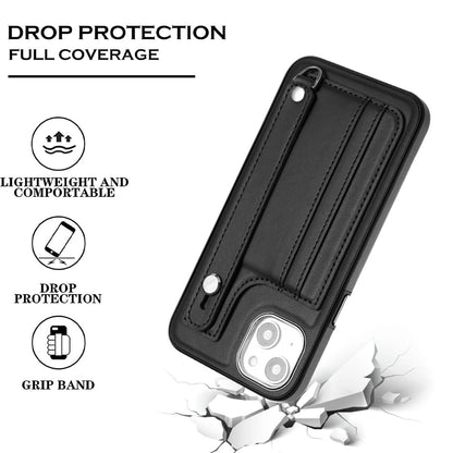 ELECTROPRIME For iPhone 15 Plus Shockproof Leather Phone Case with Wrist Strap(Black)
